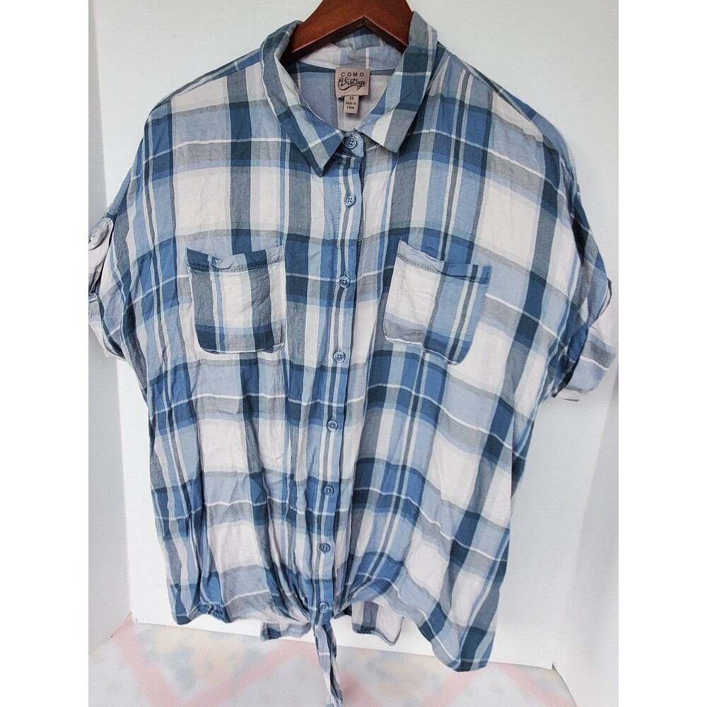 COMO VINTAGE Womens 2X Plaid Print Knot Front Button Up Short Sleeve Top Blue